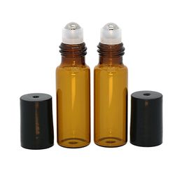 Portable 5ml 1/6oz Mini Perfume Roll On Bottle Amber Brown Glass Essential Oil Bottles Steel Metal Roller Ball WB3347