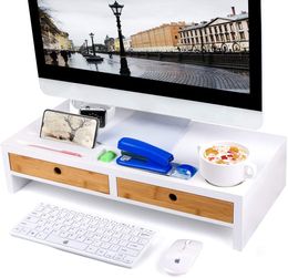 Monitor Stand Computer TV Riser with 2 Drawers & Desktop Organiser Laptop Printer Stand with Keyboard Storage Space for Home & Office