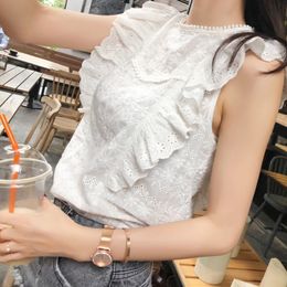Mishow Flounce Shoulder O-Neck embroidery Lace Blouse White Ruffle Sleeveless Blouses Women Summer Casual Tops T200321