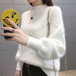 Women knitted pearl rhinestone pullovers sweater casual solid O-Neck loose Autumn Soft knitwear for female 201130