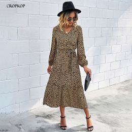 Womens Dress Autumn Winter Casual Floral Flower Leopard Black Long Sleeve Ruched Clothes Elegant Long Dresses For Women 201028