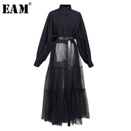 [EAM] Women Black Hem Mesh Split Big Size Blouse New Stand Collar Long Sleeve Loose Fit Shirt Fashion Spring Autumn LJ200815