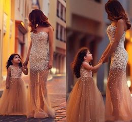 New Hot Sale Fashion Dresses Custom Made Flower Girl Dress Pearl Tulle Little Girl Dresses Princess Gown Mother And Daughter Dresses