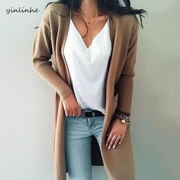 yinlinhe Khaki Long Cardigan Women Cashmere Solid Knit Sweater Women Long Sleeve Winter Pockets female Cardigan Kimono 737 201111