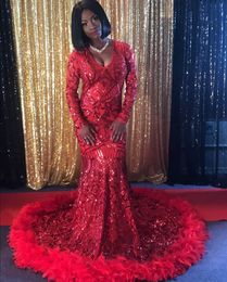 Elegant African Style Dress Long Sleeve Prom Gowns with Feather Mermaid Evening Party Dress for Special Occations robe de soiree