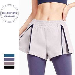 fake two pieces pants High Elastic Fitness Sport Leggings Tights Slim Running Sportswear Women Yoga Pants Quick Dry New 2021 H1221