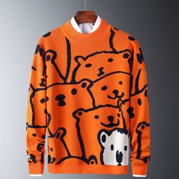 Mens Autumn Casual Sweaters Polar Bear Pattern Trendy Slim Sweaters Cotton Long Sleeve Round Collar Male Warm Pullovers Orange 201106