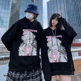 Women Loose Streetwear Black Sweatshirt Gothic punk Hooded Print Hoodies Fashion Hoodie Tops Korea Harajuku Anime vintage T200904