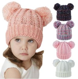 Kids warm beanies fashion Winter crochet caps Hats child bonnet Thicken Beanies Fur ball Pompoms Warm Girl boy Caps knit pom pom beanie