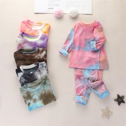 Moda Tie Tintura Crianças Conjunto de Roupas 2 Pcs Chave Algodão Camisa de Manga Longa + Leggings Calças Bebê Meninos Meninas Tracksuit 201127