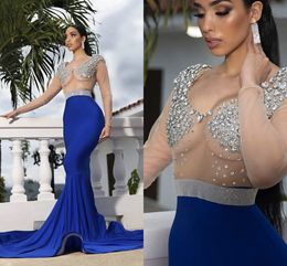 Sexy Sheer Long Sleeves Evening Dress Long Formal ELegant 2021 Silver Rhinestones V-neck Mermaid Prom Dress Black Girls Pageant Bridesmaid