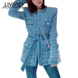 [LIVIVIO] Vintage Blue Denim Jacket With Belt Waisted Ripped Hole Women Coat Autumn Long Sleeve Pockets Streetwear New 201112