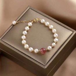 -Bracelete frisado 14k ouro freshwater pérola Morango Crystal Bracelet Simples presente String Namoradas Pequenas