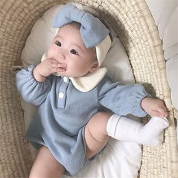 Knitting Baby Newborn Romper With Headband Baby Girls Clothes LongSleeve Infant Jumpsuit Cotton Toddler Baby Onesie Overalls 201023
