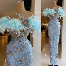 Plus Size Arabic Aso Ebi Luxuirous Sparkly Sheath Prom Dresses Beaded Feather Evening Formal Party Second Reception Birthday Engagement Gowns Dress