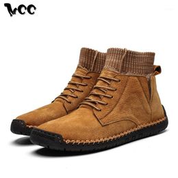 Genuine Leather Men Boots Fur Inside Snow Boots Hgih Top Lace-up Men Cotton Shoes Retro Solid Male Casual Footwear Ankle1