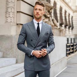 Grey Men Suits Double Breasted Wedding Suits For Men Custom Made Business Formal Flim Fit Tuxedo Groom Blazer Bridegroom Prom Jacket+Pants