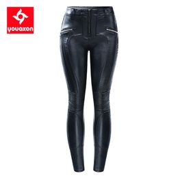 2204 Youaxon Autumn Winter Hot Velvet Motorcycle Biker PU Leather Motor Jeans Women`s Black Pants Trousers For Women 201106