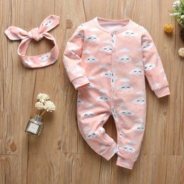 Baby Girls Cute Cartoon Pink Cloud Print Romper Infant Long Sleeve Jumpsuit+Headband 2Pcs Toddler Girl Clothing Newborn Clothes 201023
