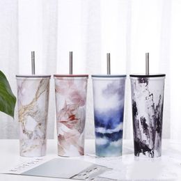 22oz pint cup pint tumbler Stainless Steel Vacuum Insulated Thermos Tumblers Travel Coffee Mug Water Bottle with metal Straw and Lid Marble