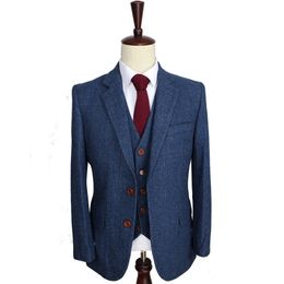 Wool Blue Herringbone Retro gentleman style custom made Men's suits tailor suit Blazer suits for men 3 piece (Jacket+Pants+Vest) 201106