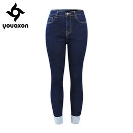 2183 Youaxon New EU Size High Waist OL Jeans Woman With Cuffs Plus Stretchy Denim Pants Trousers For Women Pencil Skinny Jeans 201105