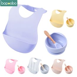 Bopoobo BPA Free Silicone Bibs Bowl Sets Baby Feeding Supplies Baby Silicone Chewing Food Grade Newborn Accessories Teeth LJ201110