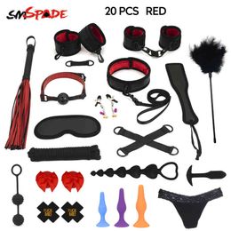 Nxy Sex Adult Toy Smspade 20 Pcs set Products Erotic Toys for Adults Bdsm Bondage Set Handcuffs Nipple Clips Whip Spanking Anal Plug 1225