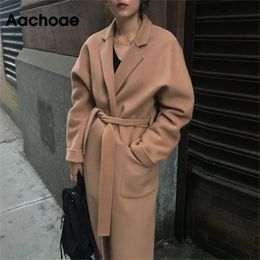 Aachoae Lady Solid Long Wool Coat Batwing Long Sleeve Elegant Office Jacket Female Turn Down Collar Casual Coat Women 201218