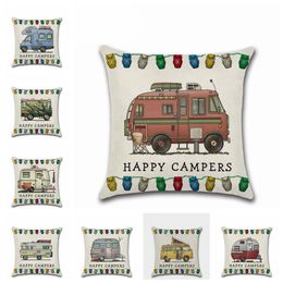 Happy Campers Cushion Cover Square Linen Throw Pillow Cases Car Home Office Decorative Pillows Cover Pillowcase Home Decor 20 Designs YG391