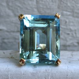 Sea Blue Topaz Stone Princess Diamond Engagement Sapphire Ring 14K gold Anillos for women Bizuteria jade Jewellery Y1124