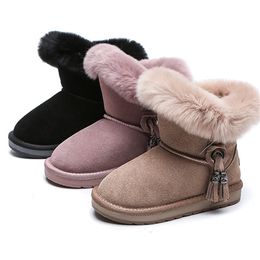 Children's fringed snow boots antiskid warm leather top girl's boots cotton shoes little girl's short boots children's shoes
