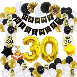 51pcs/Set 30 Birthday Party Decorations Big Happy Banner Woman Man Deco Anniversaire 30 Years Black Golden Balloons 220217