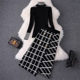 Elegant Women Autumn Winter Clothing Set Turtleneck Sweaters Tops And Cut Plaid Knitted Skirts Suit Office Ladies Sets NS294 220302