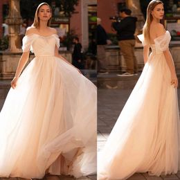 Classic A Line Wedding Dress Off the Shoulder Sweep Train Robes De Mariée 2021 Lace-up Country Bridal Gowns Long
