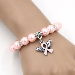 Wholesale New Arrival Pearl Bead Breast Cancer Awareness Bracelet Angel Wings Pink Ribbon Charms Bracelet Jewelry for Cancer Center