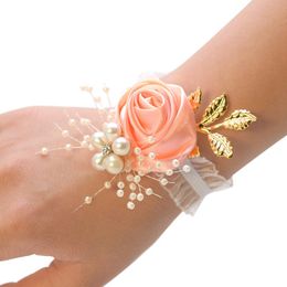 Wedding Bridal Wrist Corsage Stain Silk Rose with Pearl Accessories Bridesmaid Girls Bracelet Pearl DIY Wrist Flower Artificia