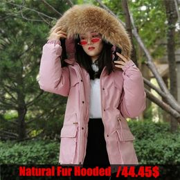 Large Real Fox Fur Collar Long Coat Winter Jacket Women Plus Size Down Thick Parkas Warm Sash Tie Up Snow Outwear 201217