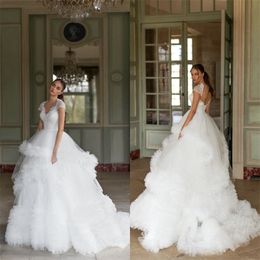 Gorgeous A-line Wedding Dresses Ruffles Beach Boho Short Sleeve Beads Lace Applique Bridal Gowns Tiered Tulle Custom Made Vestidos De Novia