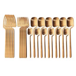 6Set Matte Gold Cutlery Set Stainless Steel Dinnerware Knife Dessert Fork Spoon Dinner Silverware Kitchen Party Tableware Set 201116