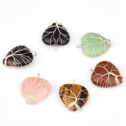 Natural Heart-shaped Gemstone Hand Woven Tree of life Fashion Pendant Lovers Love Gifts Jewellery Amethyst Rose Quartz Healing Crystal Men Women Necklace