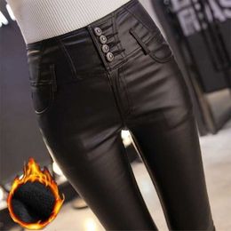 Single-breasted Stretch Fleece Winter Pants Women PU Warm Female Pencil Velvet Trousers Skinny Leather Pants 201118