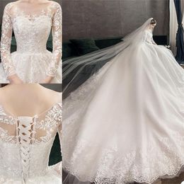 Gorgeous A Line Wedding Dresses Long Sleeves Appliqued Lace Modern Design Bridal Gowns Boho Lace Up Court Train Marriage Robe De Mariee