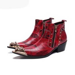 British Style Men Shoes Genuine Leather Ankle Boots Men Pointed Metal Toe Red Party and Wedding Boot Men Retro, US6-12