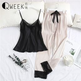 2019 Pyjamas for Women Sexy Lace Silk Satin Sleepwear Tops+pants Night Suits V-neck Pijama Mujer Loose Lounge Home Clothes Y200708