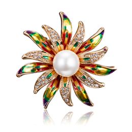 Large Pearl Rhinestone Sunflower Brooches Enamel Metal Flower Brooch Pin Pins Scarf Buckle Gift Women Jewellery