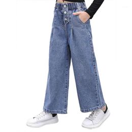 Jeans Girls Spring&Autumn Stylish Elastic Waistband Pockets High-waisted Pants Loose Straight Wide Leg Stretchy Streetwear