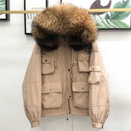 Large Natural Raccoon Fur Women Down Coat Winter Thick 90% White Duck Parka Female Hooded Short Jacket Loose Outerwear 211221