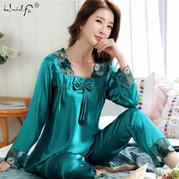 Women's Silk Satin Pajamas Set Lounge Pajama Sets Ladies Sexy Flower Lace Sleepwear Pyjamas Nightwear Pajama Suit Lingerie 201217