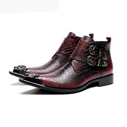 Korean Type Fashion Men Boots botas hombre Leather Dress Boots Pointed Metal Tip Wine Red Party and Wedding Boots Men